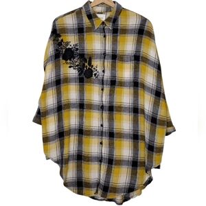 Maeve Women's Plaid Floral Boho Oversized Casual Button Down Shirt Sz XS